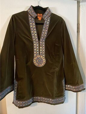 TORY BURCH Embroidered Olive Green Tunic with Blue & Gold Accents